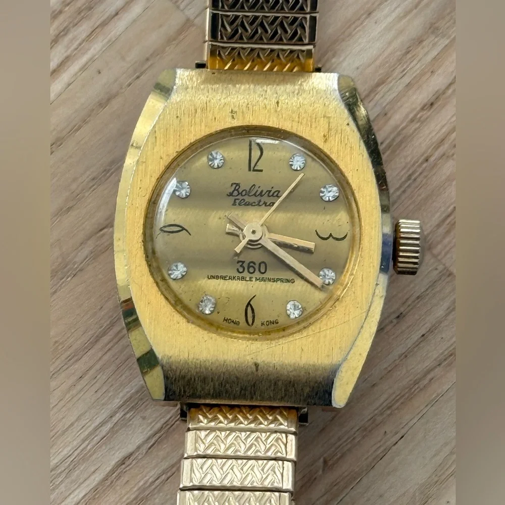 Bolivia Electra 360 Rare Vintage Mechanical Ladies Watch Gold Dial Bracelet